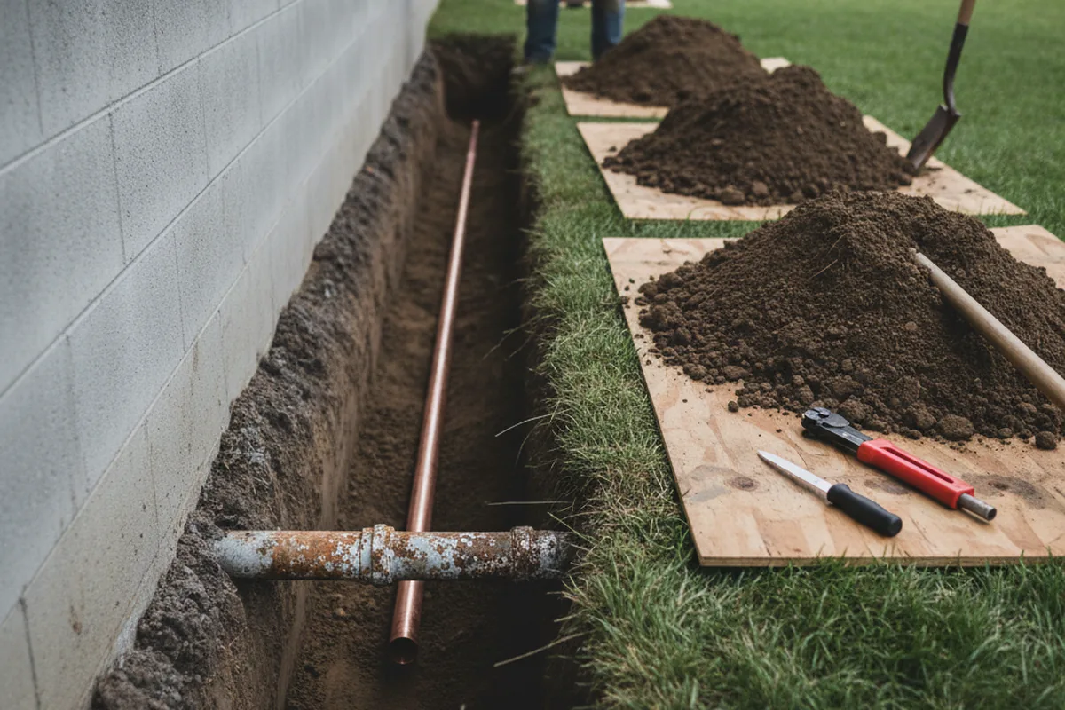 Excavated water line trench during Water Softener Installation in Letha